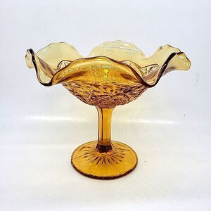 Imperial Glass Hobstar Amber Compote Pedestal Compote  Ruffled Bowl Candy Dish